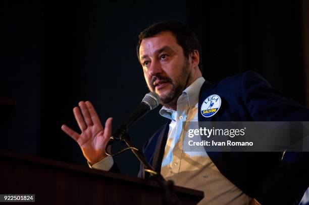 Matteo Salvini, premier candidate for the League, attends a campaign event at the San Marco Cinema on February 21, 2018 in Caserta, Italy. The...