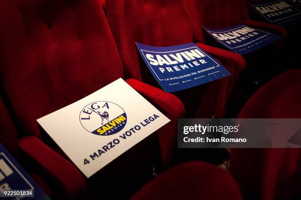 Signs block seats at a campaign event for Matteo Salvini, premier candidate for the League, at the San Marco Cinema on February 21, 2018 in Caserta,...