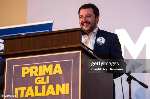 Matteo Salvini, premier candidate for the League, attends a campaign event at the San Marco Cinema on February 21, 2018 in Caserta, Italy. The...