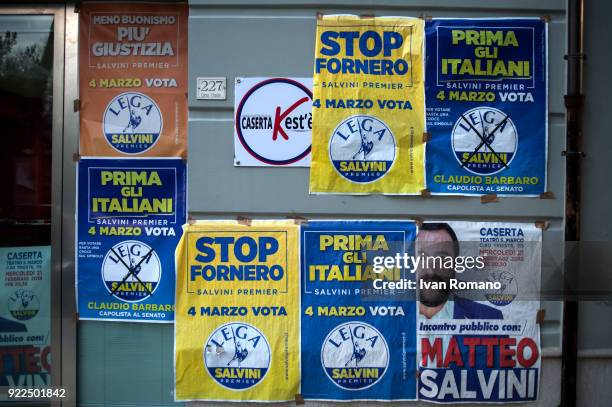 Campaign signs for Matteo Salvini, premier candidate for the League, is shown near the San Marco Cinema where he was to attend a campaign event on...