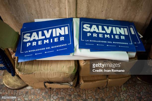 Campaign signs for Matteo Salvini, premier candidate for the League, is shown near the San Marco Cinema where he was to attend a campaign event on...