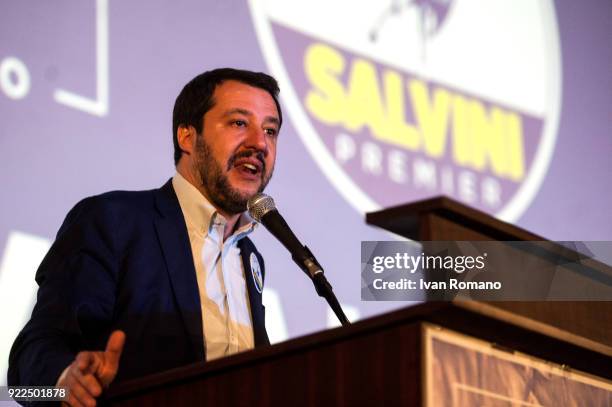 Matteo Salvini, premier candidate for the League, attends a campaign event at the San Marco Cinema on February 21, 2018 in Caserta, Italy. The...