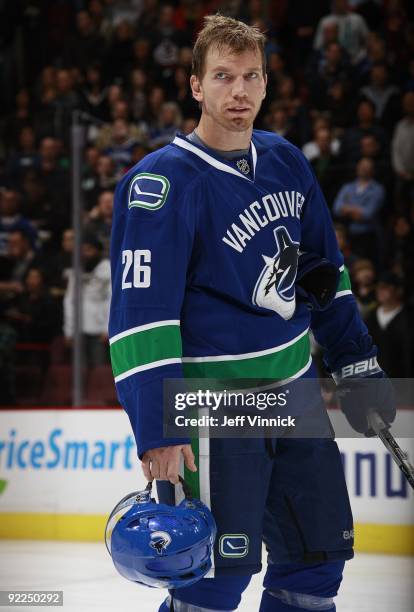 Mikael Samuelsson of the Vancouver Canucks looks to the bench during their game against the Minnesota Wild at General Motors Place on October 17,...