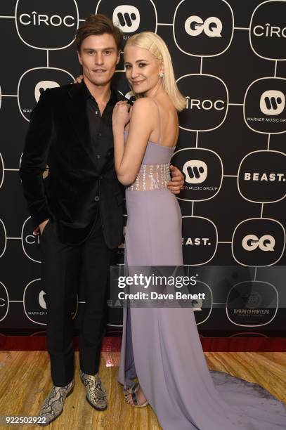 Oliver Cheshire and Pixie Lott attend the Warner Music & CIROC BRIT Awards 2018 after-party at Freemasons Hall on February 21, 2018 in London,...