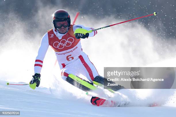 Mario Matt of Austria competes during the Alpine Skiing Men's Slalom at Yongpyong Alpine Centre on February 22, 2018 in Pyeongchang-gun, South Korea.
