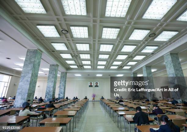 Multimedia room of the Grand people's study house with the offcial portraits of the Dear Leaders, Pyongan Province, Pyongyang, North Korea on April...