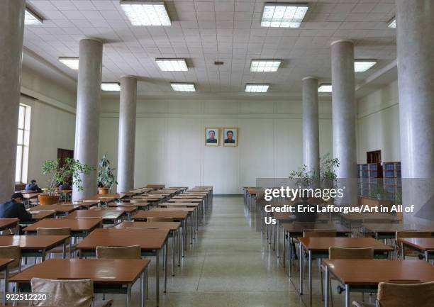 Multimedia room of the Grand people's study house with the offcial portraits of the Dear Leaders, Pyongan Province, Pyongyang, North Korea on April...