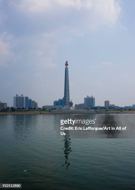 The Juche tower built to commemorate Kim il-sung's 70th birthday over the Taedong river, Pyongan Province, Pyongyang, North Korea on April 13, 2008...