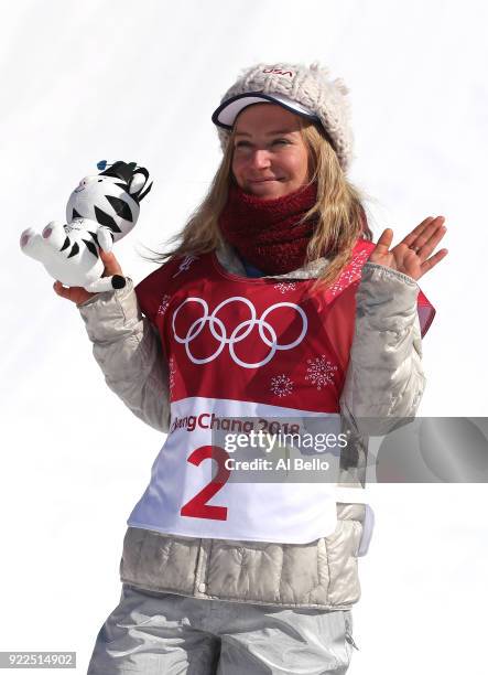 Silver medalist Jamie Anderson of the United States celebrates during the victory ceremony after the Snowboard - Ladies' Big Air Final on day 13 of...