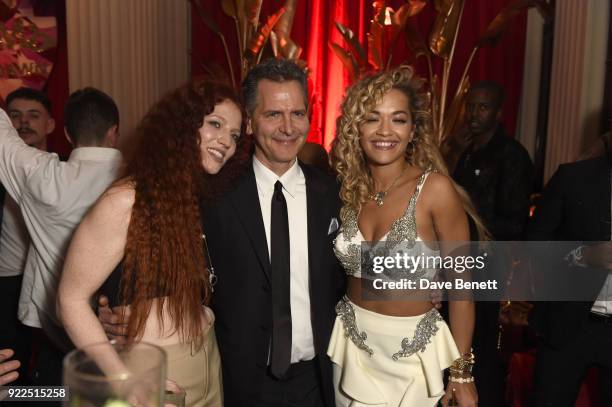 Jess Glynne, guest, and Rita Ora attend the Warner Music & CIROC BRIT Awards 2018 after-party at Freemasons Hall on February 21, 2018 in London,...