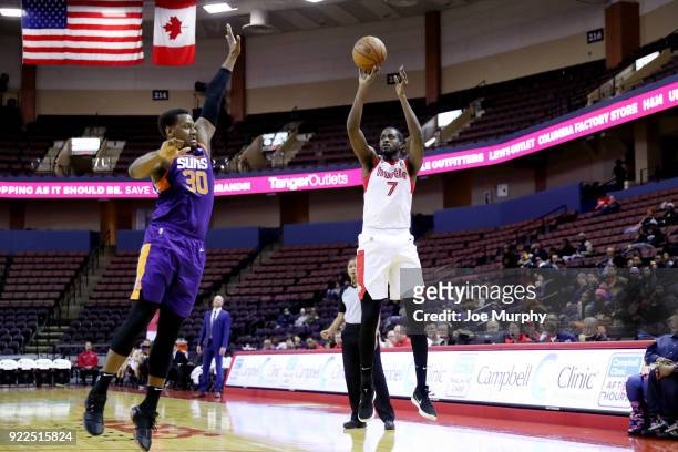 Omari Johnson of the Memphis Hustle shoots the ball against Northern Arizona Suns during an NBA G-League game on February 21, 2018 at Landers Center...
