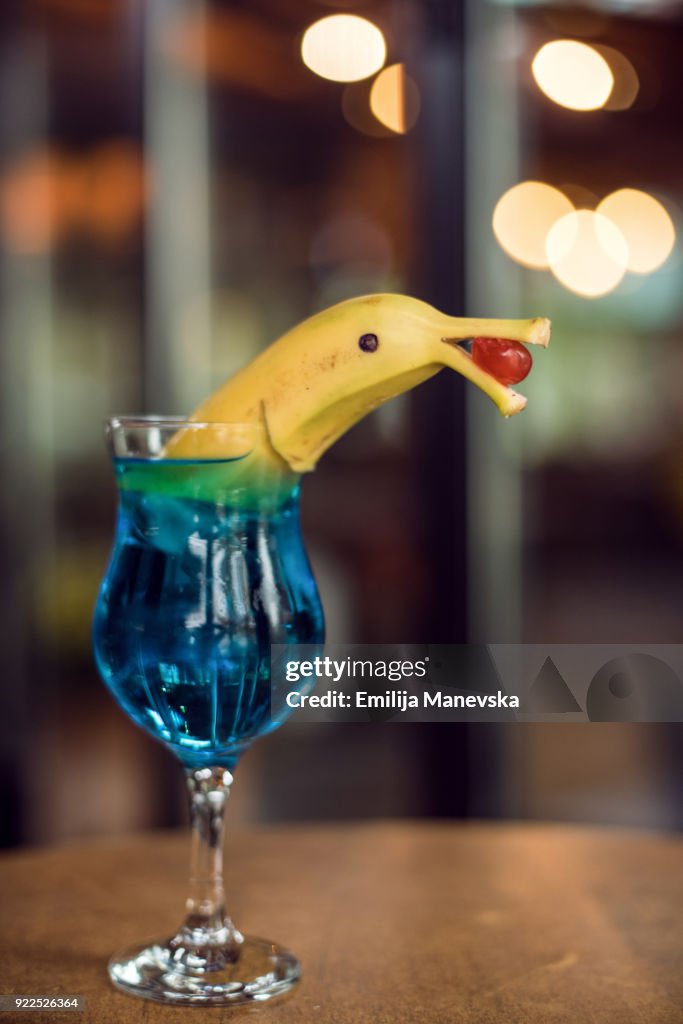 Blue Cocktail decorated with banana
