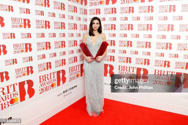 Dua Lipa, winner of the British Female Solo Artist and British Breakthrough act awards, poses in the winners room during The BRIT Awards 2018 held at...