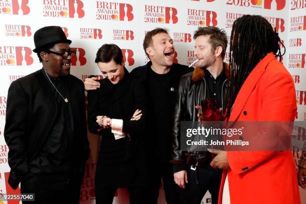 Gorillaz, winner of the Best British Band award, pose in the winners room during The BRIT Awards 2018 held at The O2 Arena on February 21, 2018 in...