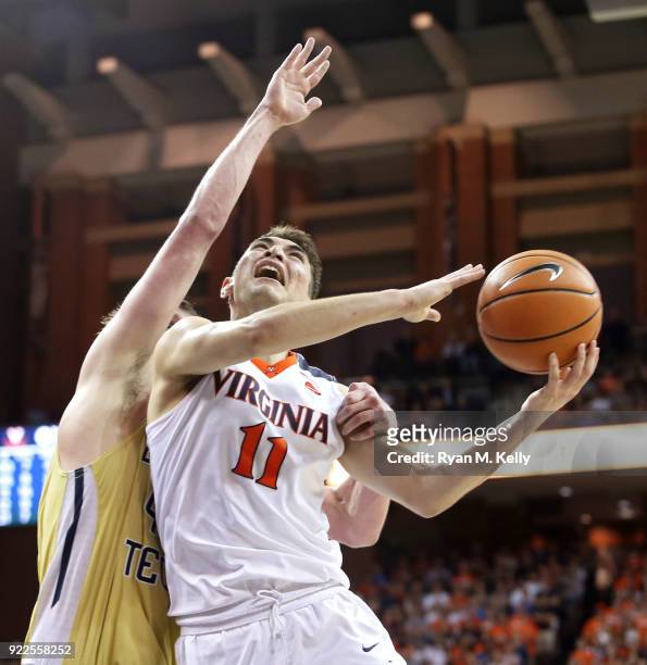 Ty Jerome of the Virginia Cavaliers shoots in the second half during a game against the Georgia Tech Yellow Jackets at John Paul Jones Arena on...