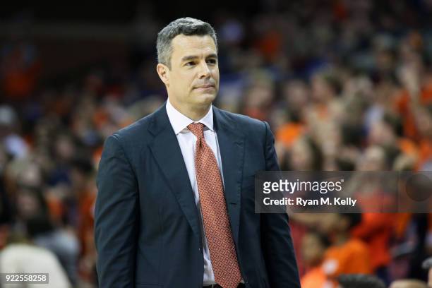 Head coach Tony Bennett of the Virginia Cavaliers watches a play in the second half during a game against the Georgia Tech Yellow Jackets at John...
