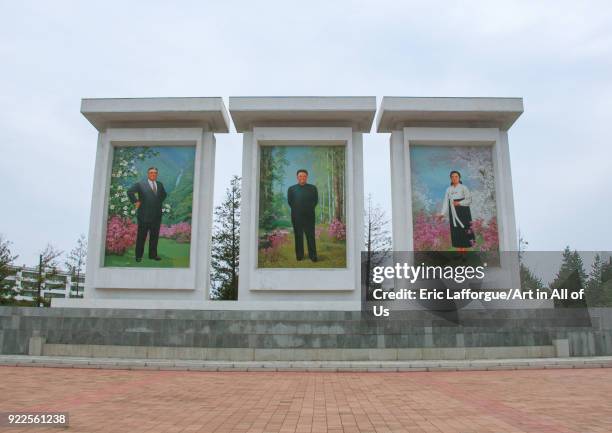 Kim il Sung with Kim Jong il and Kim Jong suk on a propaganda mosaic fresco, Kangwon Province, Wonsan, North Korea on September 14, 2011 in Wonsan,...