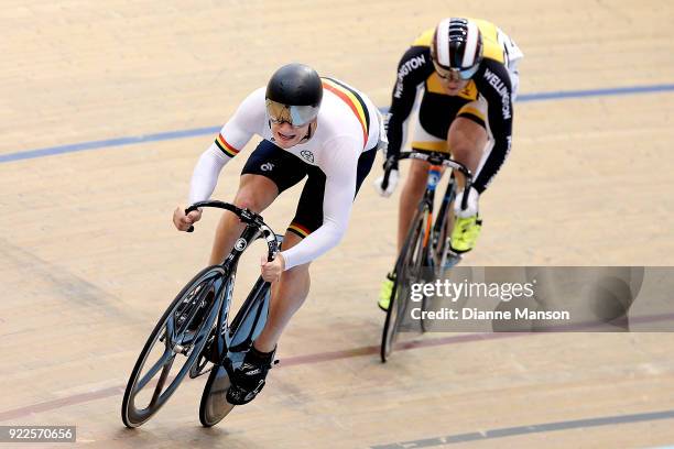 Ogle Jackson of Waikato Bay of Plenty and Uivel Maxwell of Wellington compete in the Elite Men Sprint qualifying during the New Zealand Track Cycling...