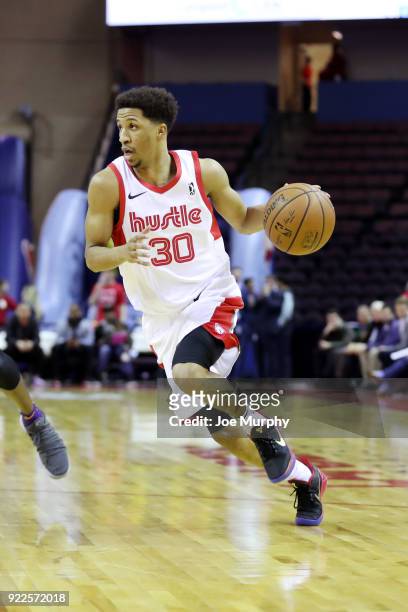 Frazier of the Memphis Hustle handles the ball against Northern Arizona Suns during an NBA G-League game on February 21, 2018 at Landers Center in...