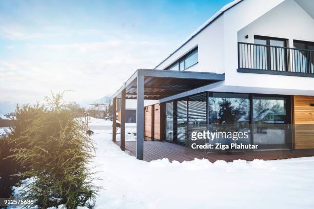 contemporary home in winter time - facade blinds stock pictures, royalty-free photos & images
