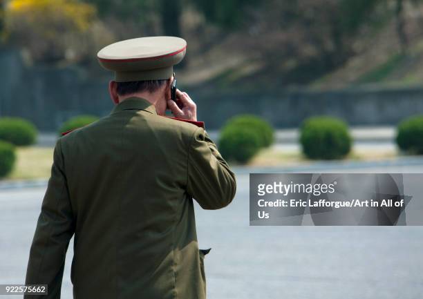 North Korean army officier calling with his mobile phone, Pyongan Province, Pyongyang, North Korea on April 25, 2010 in Pyongyang, North Korea.