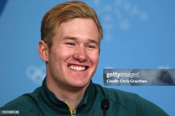 Snowboard cross rider Jarryd Hughes of Australia speaks during a press conference day thirteen of the PyeongChang 2018 Winter Olympic Games at the...