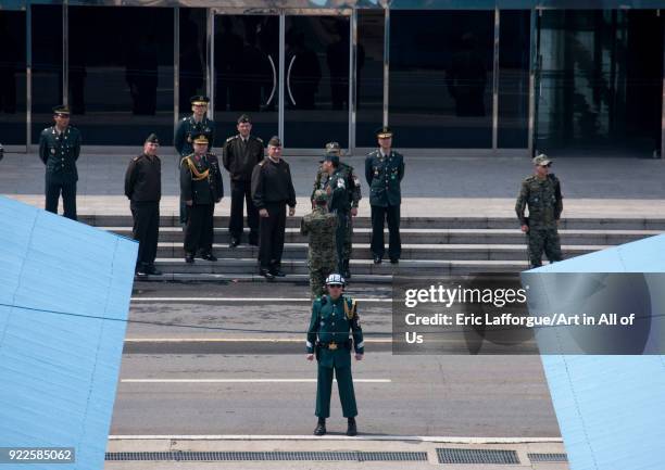 American delegation in front of the United Nations conference rooms on the demarcation line in the Demilitarized Zone, North Hwanghae Province,...