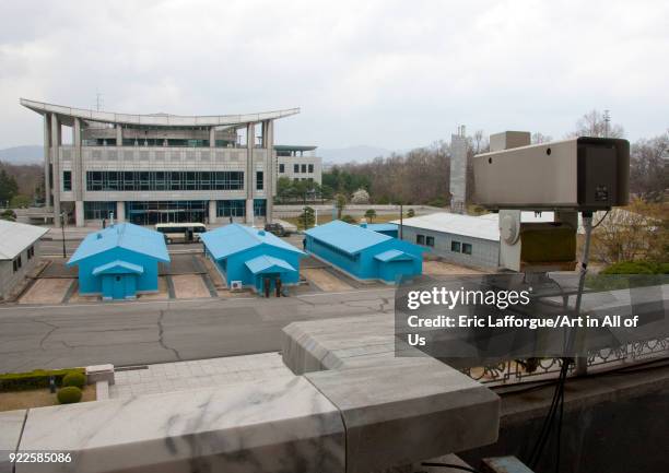 North Korean soldiers standing in front of the United Nations conference rooms on the demarcation line in the Demilitarized Zone, North Hwanghae...