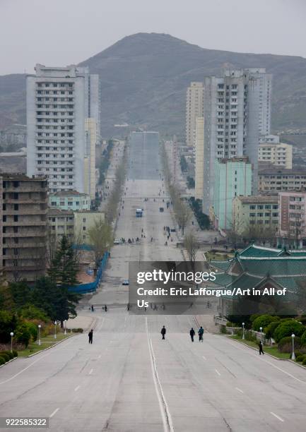 Main avenue in the city with lot of North koreans walking, North Hwanghae Province, Kaesong, North Korea on April 28, 2010 in Kaesong, North Korea.