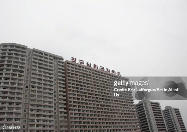 Buildings with propaganda slogans on the top, Pyongan Province, Pyongyang, North Korea on April 28, 2010 in Pyongyang, North Korea.