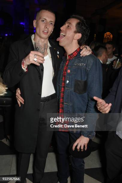 Theo Ellis and Nick Grimshaw attend the Universal Music BRIT Awards After-Party 2018 hosted by Soho House and Bacardi at The Ned on February 21, 2018...