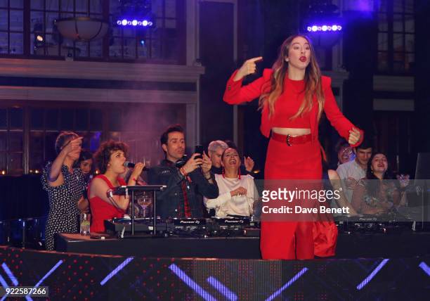 Annie Mac, Nick Grimshaw and Este Haim attend the Universal Music BRIT Awards After-Party 2018 hosted by Soho House and Bacardi at The Ned on...