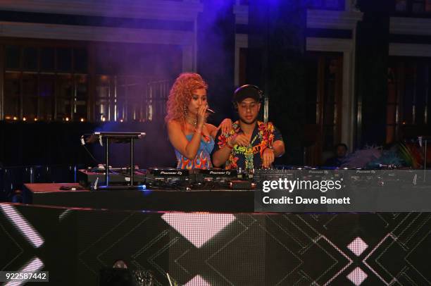 Raye and Jax Jones attend the Universal Music BRIT Awards After-Party 2018 hosted by Soho House and Bacardi at The Ned on February 21, 2018 in...