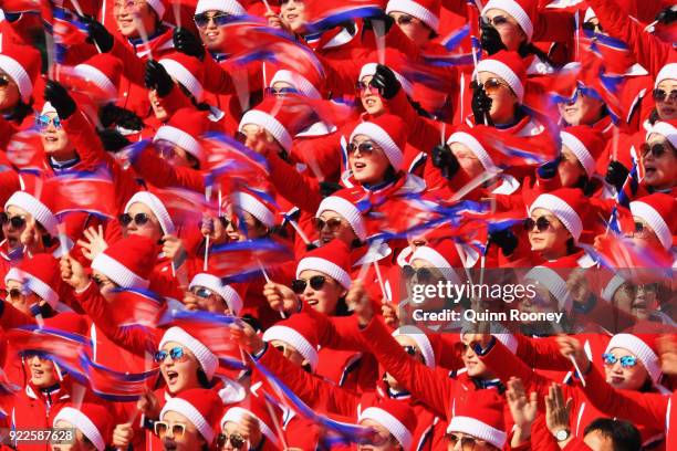 The North Korea cheerleader squad sing during the Men's Slalom on day 13 of the PyeongChang 2018 Winter Olympic Games at Yongpyong Alpine Centre on...