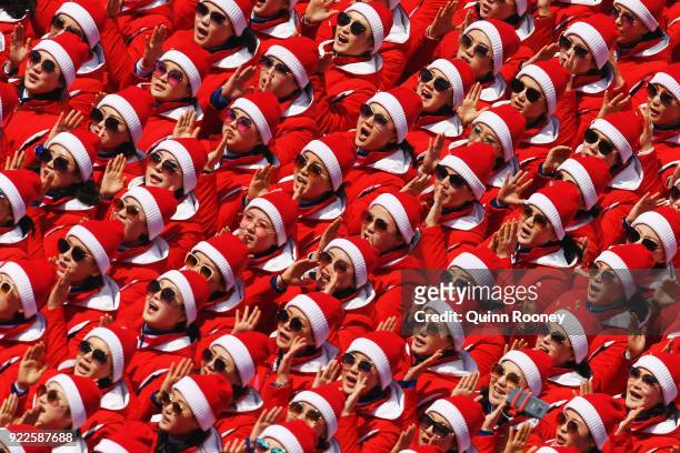 The North Korea cheerleader squad sing during the Men's Slalom on day 13 of the PyeongChang 2018 Winter Olympic Games at Yongpyong Alpine Centre on...