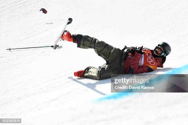 Mike Riddle of Canada crashes during the Freestyle Skiing Men's Ski Halfpipe Final on day thirteen of the PyeongChang 2018 Winter Olympic Games at...