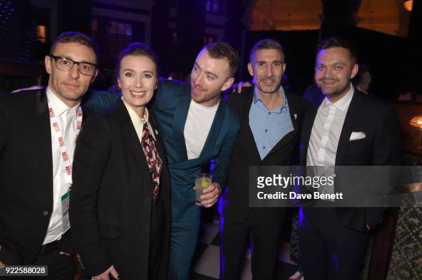 Sam Smith David Joseph and guest attend the Universal Music BRIT Awards After-Party 2018 hosted by Soho House and Bacardi at The Ned on February 21,...