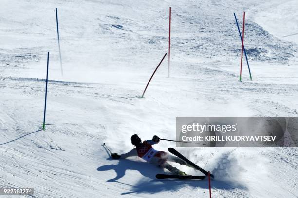 Luxembourg's Matthieu Osch crashes as he competes in the Men's Slalom at the Yongpyong Alpine Centre during the Pyeongchang 2018 Winter Olympic Games...