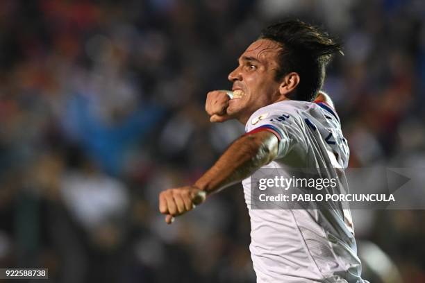 Uruguay's Nacional midfielder Paulo Zunino celebrates his goal against Argentina's Banfield during their Copa Libertadores 2018 3rd stage second leg...