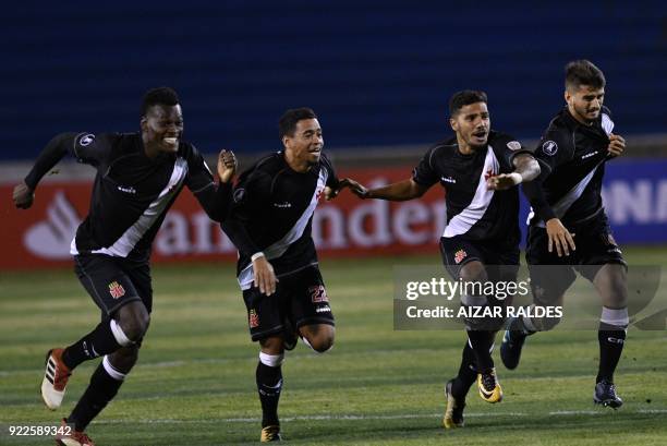 Players, from Brazil Vasco Da Gama celebrate after winning on penalties and qualify to the group stage, against Wilstermann of Bolivia, during a...