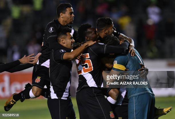 Players, from Brazil Vasco Da Gama celebrate after winning on penalties and qualify to the group stage, against Wilstermann of Bolivia, during a...
