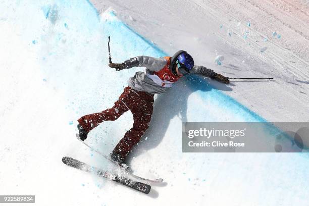 Torin Yater-Wallace of the United States crashes on his second run during the Freestyle Skiing Men's Ski Halfpipe Final on day thirteen of the...