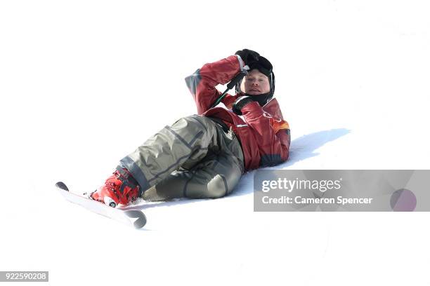Mike Riddle of Canada crashes during the Freestyle Skiing Men's Ski Halfpipe Final on day thirteen of the PyeongChang 2018 Winter Olympic Games at...