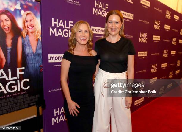 Angela Kinsey and Jenna Fischer attend the premiere of Momentum Pictures' "Half Magic" at The London West Hollywood on February 21, 2018 in West...