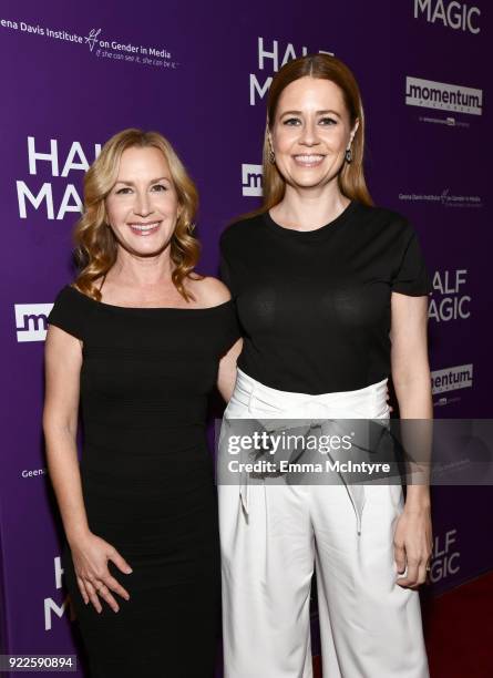 Angela Kinsey and Jenna Fischer attend the premiere of Momentum Pictures' "Half Magic" at The London West Hollywood on February 21, 2018 in West...