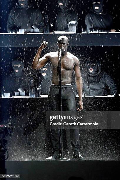 Stormzy performs at The BRIT Awards 2018 held at The O2 Arena on February 21, 2018 in London, England.