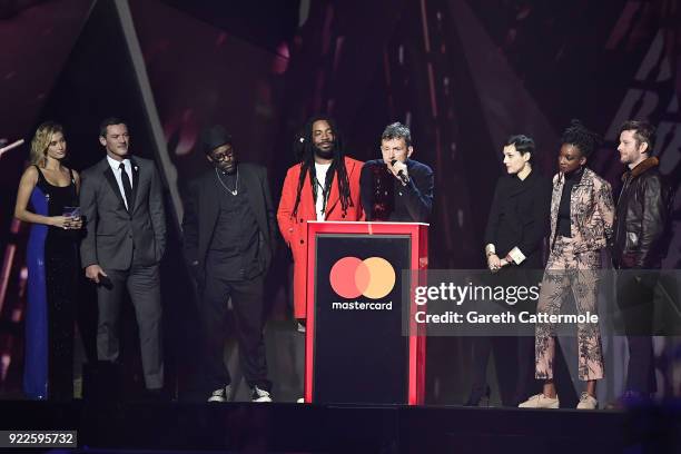 Damon Albarn and Gorillaz, winner of the British Group award, on stage at The BRIT Awards 2018 held at The O2 Arena on February 21, 2018 in London,...