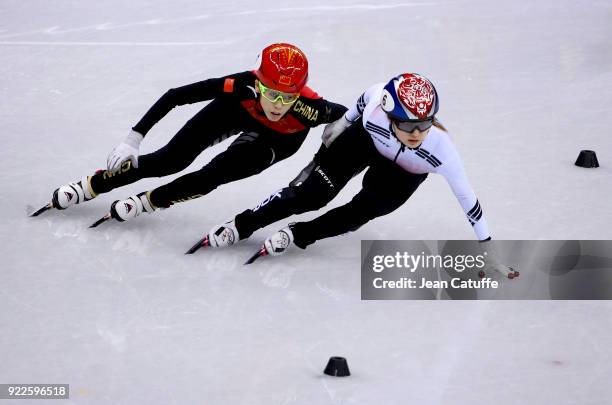 Kexin Fan of China and Minjeong Choi of South Korea during Short Track Speed Skating Ladies 3000m Relay Final on day eleven of the PyeongChang 2018...