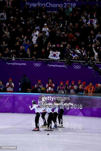 Sukhee Shim, Minjeong Choi, Yejin Kim, Alang Kim and Yubin Lee of South Korea celebrate their victory in Short Track Speed Skating Ladies 3000m Relay...