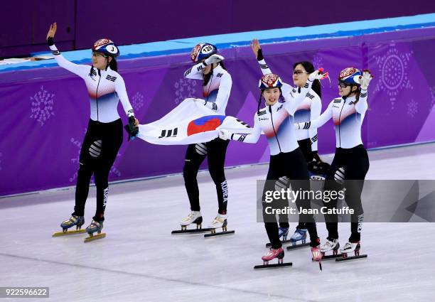 Sukhee Shim, Minjeong Choi, Yejin Kim, Alang Kim and Yubin Lee of South Korea celebrate their victory in Short Track Speed Skating Ladies 3000m Relay...